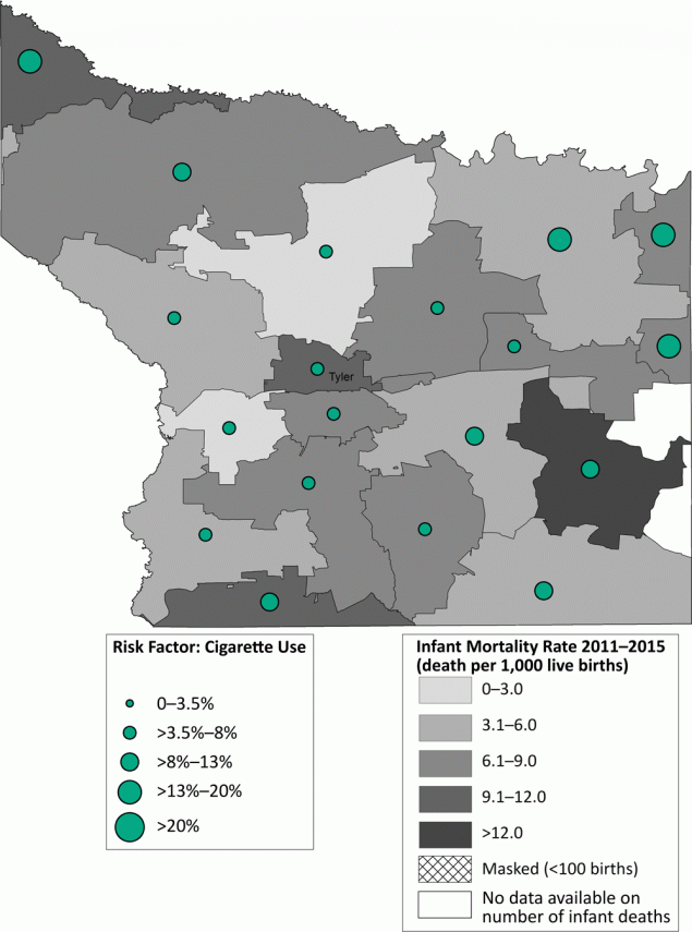 21_0266_03 Infant mortality rate (deaths per 1,000 live births) with prevalence of cigarette smoking during pregnancy, by zip code area, Smith County, Texas, 2011–2015.