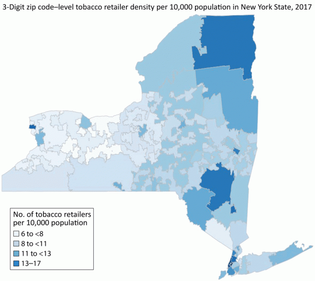 21_0270_01 Three-digit zip code–level tobacco retailer density per 10,000 population in New York State, 2017.