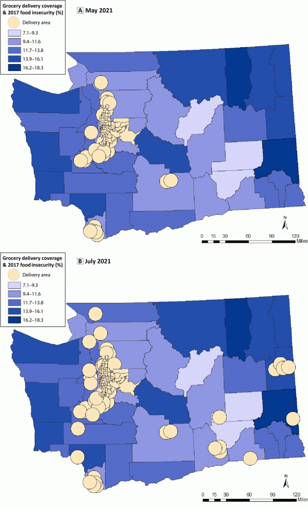 21_0412_01 Online delivery services of groceries to homes in May 2021 were concentrated in the Puget Sound region and outlying communities of Vancouver and Yakima. Expansion of online delivery services to homes by July 2021 included counties in the eastern and southeastern part of the state. However, many rural counties with high food insecurity rates in northeastern Washington State and counties along the western coastline still lacked access to home delivery.