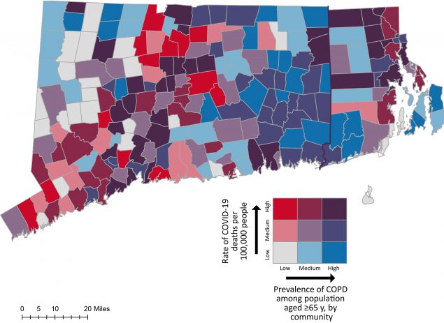 21_0421_02 Town-level prevalence of COPD among population aged 65 years or older and COVID-19 death rates per 100,000 people, Connecticut and Rhode Island. Data sources: Connecticut Department of Public Health (8), Rhode Island Department of Public Health (9), HealthyAgingDataReports.org (10,11), CT DEEP GIS (22), and RIGIS (23).