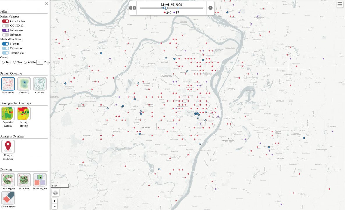 21_0425_01 Screenshot of an animation of the disease visualization tool, showing influenza (purple dots) and SARS-CoV-2 (red dots) infections developing and resolving over time. Dark blue dots correspond to hospitals, and light blue dots correspond to testing sites. Case coordinates are shuffled for privacy protection.