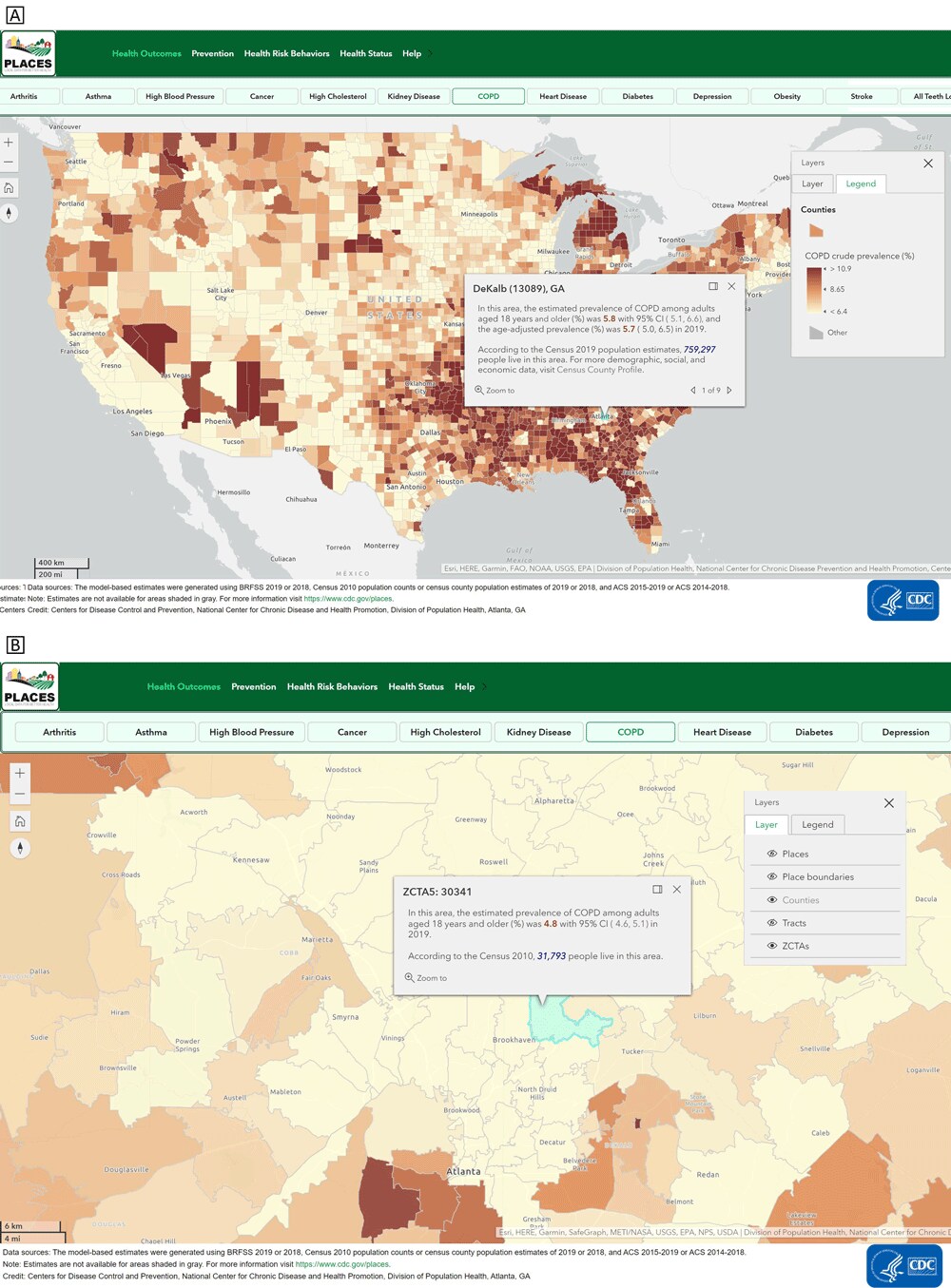 21_0459_02 PLACES interactive map application (www.cy118119.com/PLACES). Users can examine and visualize health data estimates across different geographic levels by using the PLACES interactive mapping application. By clicking a specific location, the selected measure (eg, estimated prevalence and crude prevalence) will appear for the selected chronic disease at that location. By zooming in and clicking on a particular geographic area, users can view the estimate for smaller geographic units. In Figure 2A, the county-level prevalence of COPD in Dekalb County, Georgia, is shown. Figure 2B displays COPD prevalence estimates at the ZIP Code tabulation area (ZTCA), which can be discerned by looking at the layer tool. Abbreviations: COPD, chronic obstructive pulmonary disease; PLACES, Population Level Analysis and Community EStimates.