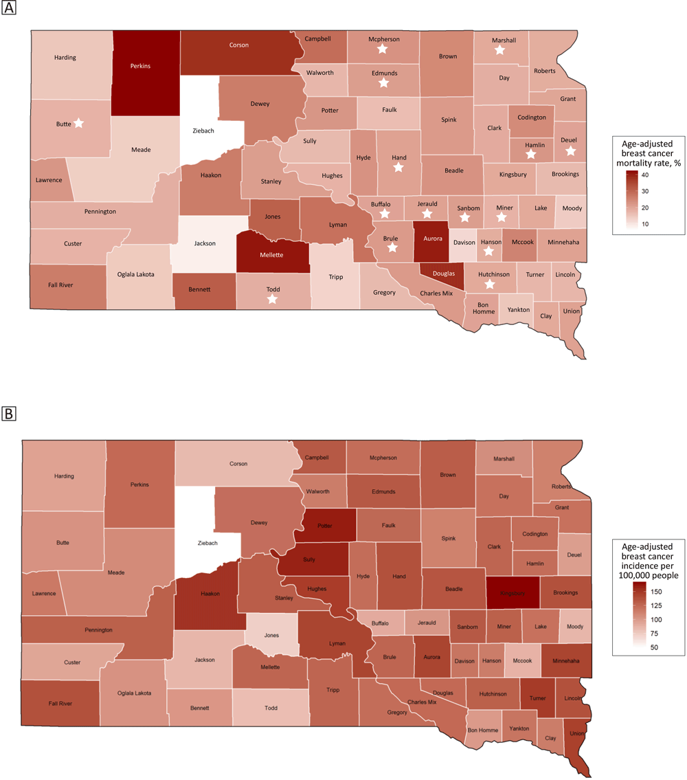22_0113_01 Map A shows the age-adjusted breast cancer mortality rates and Map B shows the age-adjusted breast cancer incidence rates, by county (N = 66), South Dakota, 2001–2015. Counties whose mortality rates have been imputed are marked with a star. Source: South Dakota State Cancer Registry, South Dakota Department of Health (12).