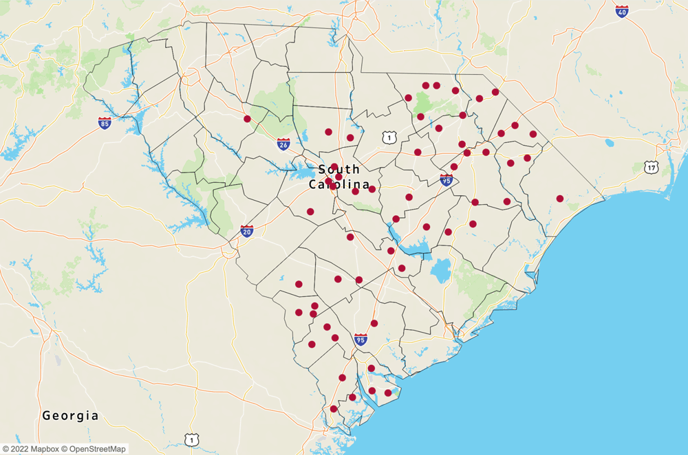22_0199_01 Location of 21 Rural Health Clinics (RHCs) and 50 Federally Qualified Health Centers (FQHCs) in 22 counties in South Carolina, 2019.