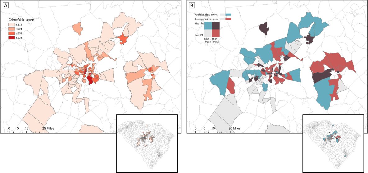 22_0239_01 Map A shows that CrimeRisk scores tended to be higher in and around the metropolitan centers. Map B indicates that pregnant women may still be active in areas of high crime; environmental aspects of these high-crime areas may support PA and enhance perceptions of physical safety. The bivariate relationship between MVPA and CrimeRisk score was not significant.
