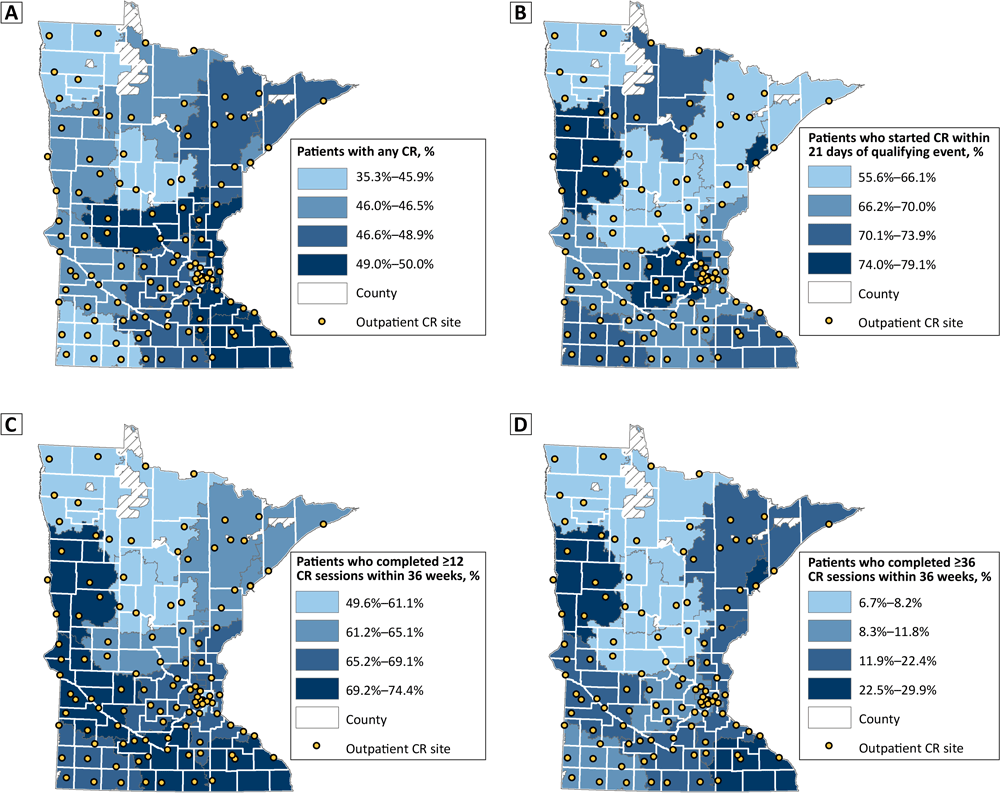 22_0324_01 Initiation, participation, and completion of cardiac rehabilitation among adults aged ≥18 years in Minnesota, by 3-digit zip code regions, 2017–2018. Hash marks indicate areas not covered by zip codes.