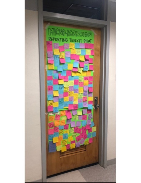 22_0368_01 Signed Post-it notes documenting the experiences of microaggression among racial and ethnic minority students as a call to action, Department of Health Behavior, University of North Carolina Gillings School of Global Public Health, 2020. Students placed these notes on the door of the chair of the Department of Health Behavior to highlight their perceptions and lived experiences. This information became part of the input that was thematically organized by students and later incorporated in the Equity Action and Accountability Plan.