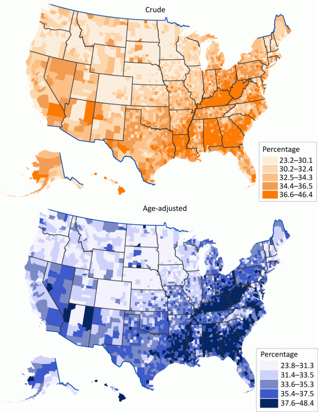 22_0400_01 Model-based crude and age-adjusted county-level prevalence estimates of short sleep duration (<7 hours per 24-hour period) among adults aged 18 years or older, by quintile, United States, 2020. Urban–rural classification was defined by the National Center for Health Statistics 2013 urban–rural classification scheme (6). Age-adjusted estimates were standardized to the 2000 projected US population aged 18 years or older in 13 groups (18–24, 25–29, 30–34, 35–39, 40–44, 45–49, 50–54, 55–59, 60–64, 65–69, 70–74, 75–79, ≥80) (4). Data source: Centers for Disease Control and Prevention (7).