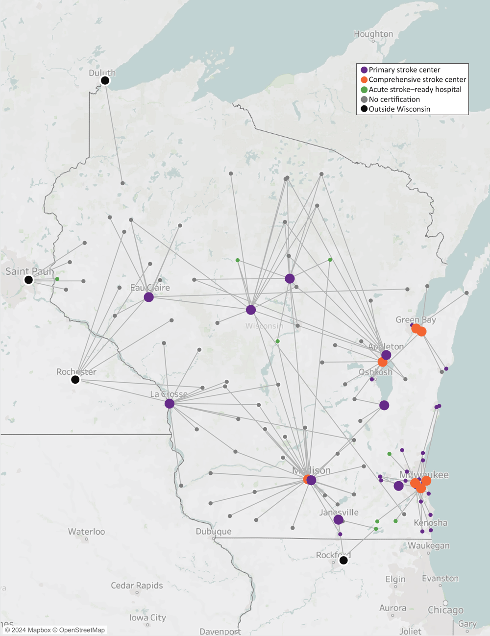 23_0166_01 This map shows Wisconsin and the locations of large tertiary hospitals: in Appleton (1 primary stroke center), Eau Claire (1 primary stroke center), Fond du Lac (1 primary stroke center), Green Bay (2 comprehensive stroke centers), Janesville (1 primary stroke center), La Crosse (1 primary stroke center), Madison (2 primary stroke centers, 1 comprehensive stroke center), Marshfield (1 primary stroke center), Milwaukee (3 comprehensive stroke centers), Neenah (1 comprehensive stroke center), Waukesha (1 primary stroke center), and Wausau (1 primary stroke center). The map also shows locations of small rural hospitals throughout the state (n = 109); of these, 31 are primary stroke centers, 8 are acute stroke–ready hospitals, and 70 have no stroke accreditation. The map also shows lines indicating which small rural hospitals transfer patients to which large tertiary hospitals. Large tertiary hospitals in 4 cities outside Wisconsin (Duluth, Rochester, and St. Paul, Minnesota, and Rockford, Illinois) also accept transfers of patients from small rural hospitals in Wisconsin.