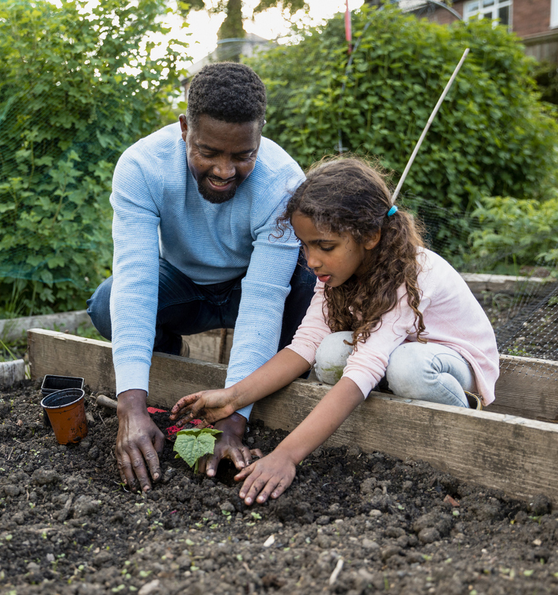 You're Doing So Well! An adult is helping a child plant in the garden.