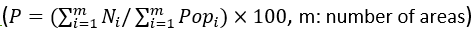 formula (P=(∑_(i=1)^m N_i/∑_(i=1)^m Pop_i) ×100, m: number of areas)