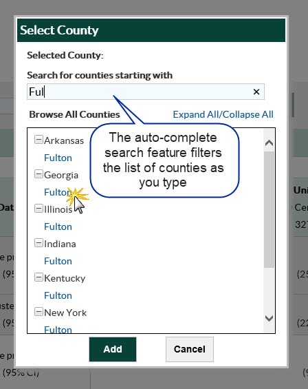 Auto complete search feature filters counties as you type Auto complete search feature filters counties as you type