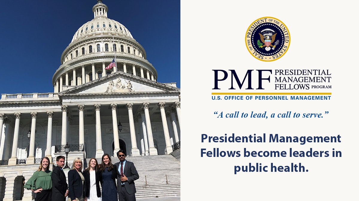 Presidential Management Fellows gather for a picture in front of the U.S. Capitol.
