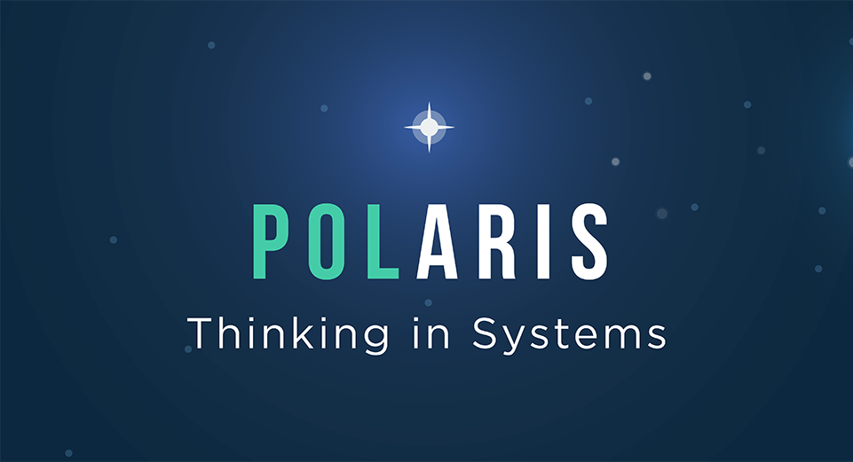 Small Thinking-in-Systems teal and white text reading POLARIS Thinking in Systems with blue sky and stars background