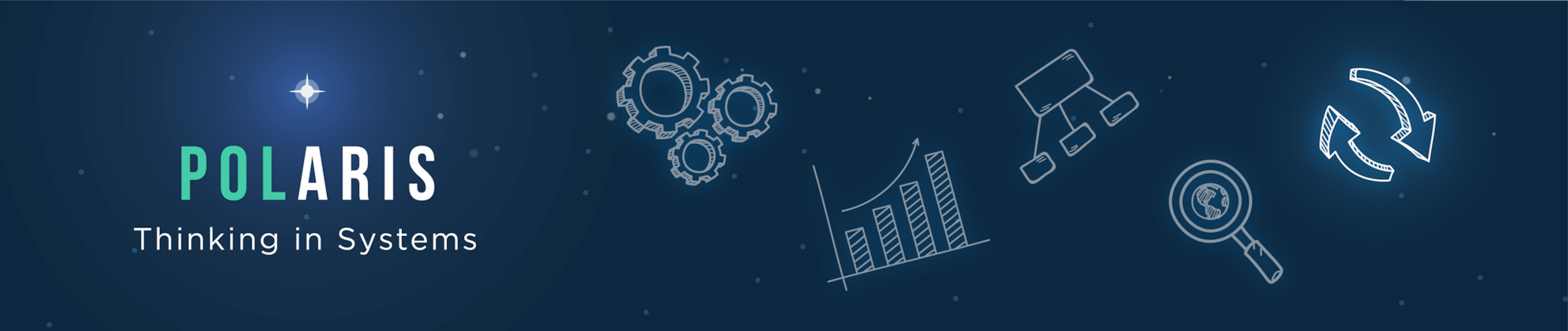 feedback-banner POLARIS Thinking in Systems with illustration of a star-filled sky, constellation-like gears, bar chart, process map, magnifying glass, and arrows.