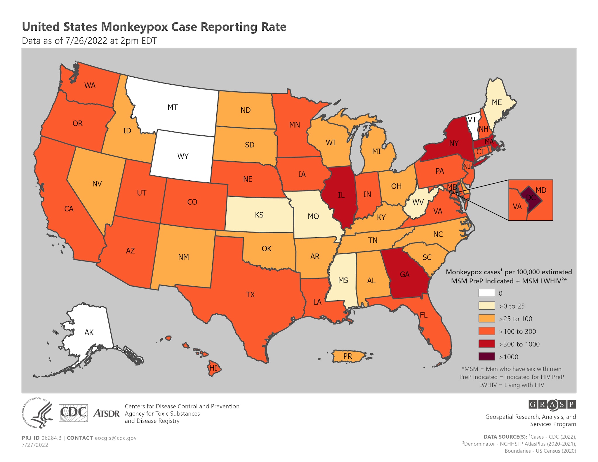 United States Monkeypox Case Reporting Rate map showing monkeypox cases per 100,000k