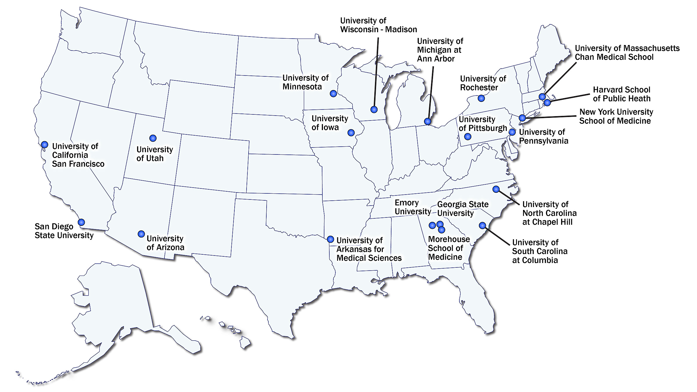 PRC Locations Map Map showing locations of the 20 currently funded PRCs for funding cycle 2024–2029.