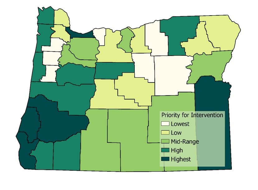 The color-coded map of Oregon indicates Priority for Intervention on a five-level scale from Lowest to Highest.