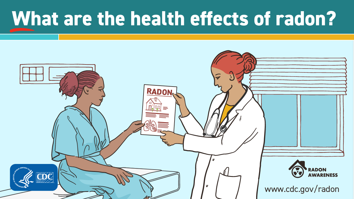 Title text at top reads, "What are the health effects of radon?" Beneath that is an illustration of a female masked doctor showing a female patient a flyer with the title RADON along with a house and set of lungs. At the lower left is the CDC logo and lower right is a Radon Awareness design element and website www.cy118119.com/radon