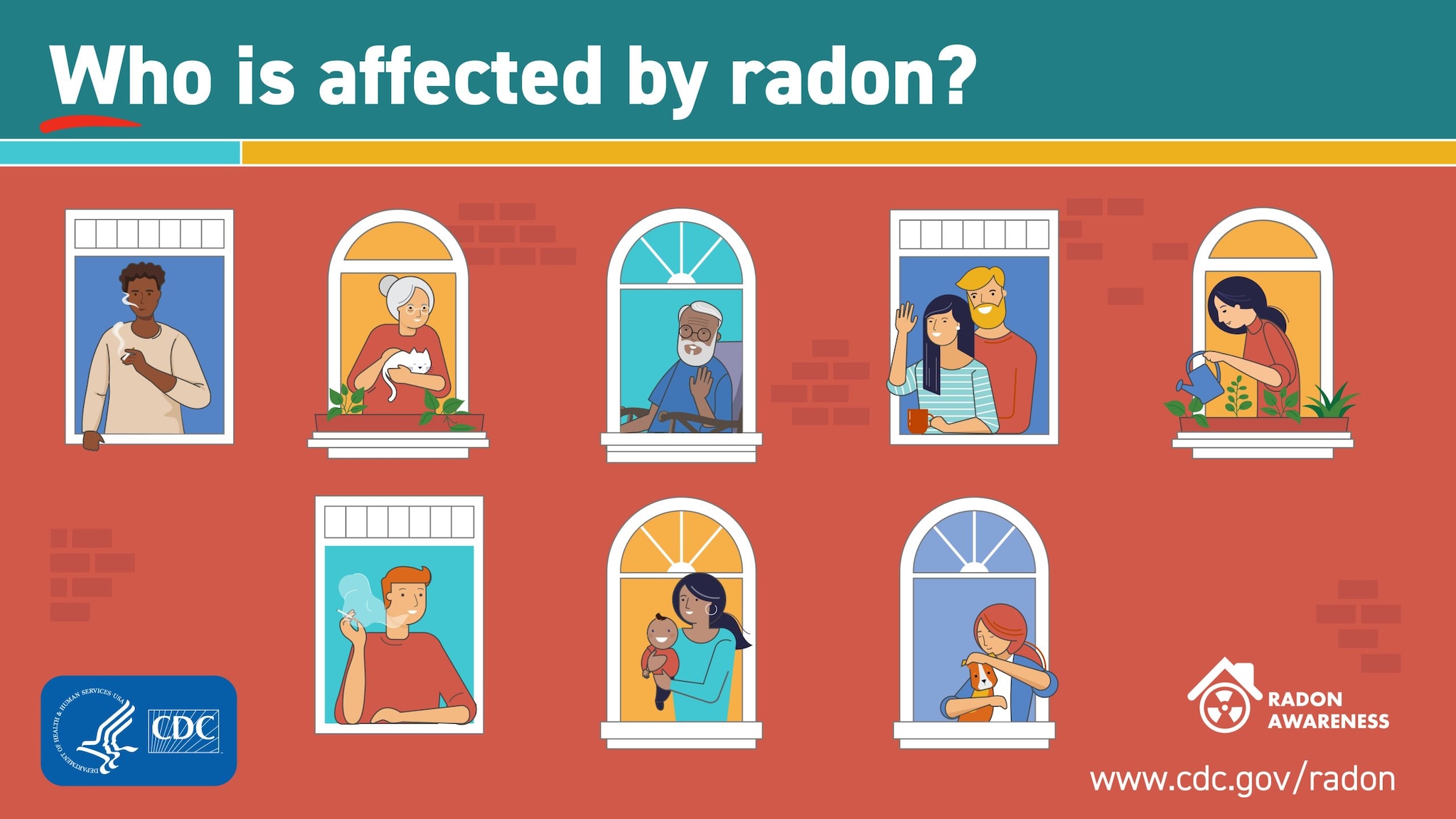 Title: "Who is affected by radon?" with an illustration of brick background and a collection of 9 windows with people of all races, ages, and demographics depicted. At the lower left is the CDC logo and lower right is the Radon Awareness design element and website www.cy118119.com/radon