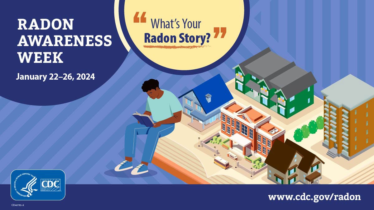 Blue background with a cartoon of a book laying flat with several houses and residential buildings built across it with a man sitting on the edge reading a book. The title is "Radon Awareness Week, January 22-26, 2024" and has "What's Your Radon Story?" in a bubble at the top. The CDC logo is at the lower left and the website www.cy118119.com/radon on the lower right.