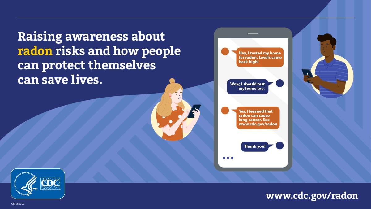 Blue background with text on the left "Raising awareness about radon risks and how people can protect themselves can save lives. " On the right is a cartoon male and female typing on their mobile devices with a larger device screen in the center showing the conversation between them as "Hey, I tested my home for radon. Levels came back high!" "Wow, I should test my home too" "Yes, I learned that radon can cause lung cancer. See www.cy118119.com/radon" "Thank you!" At the lower left is the CDC logo and lower right is www.cy118119.com/radon