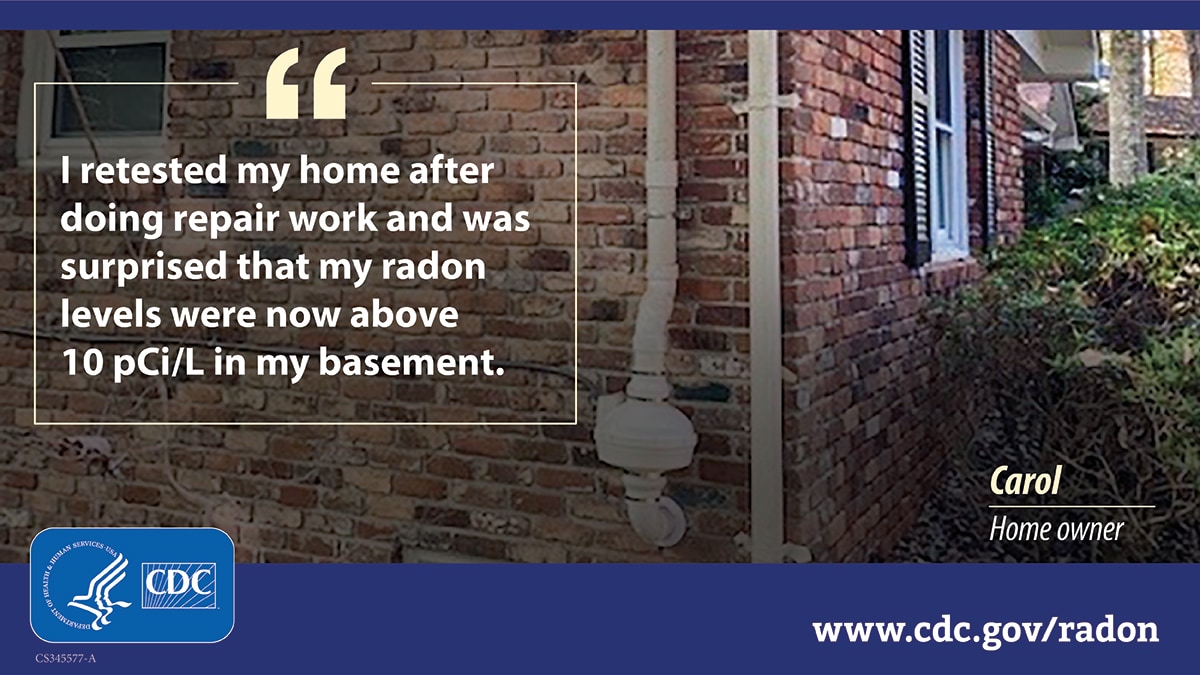 A photo of one side of a brick house with a radon mitigation pipe in view. Text at the top of the image reads, "I tested my home after doing repair work and was surprised that my radon levels were now above 10 pCi/L in my basement."