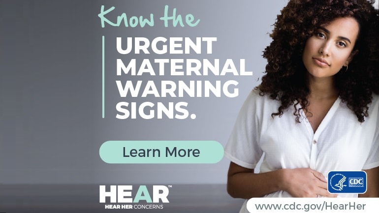 Woman holding pregnant belly Know the Urgent Maternal Warning Signs text displayed