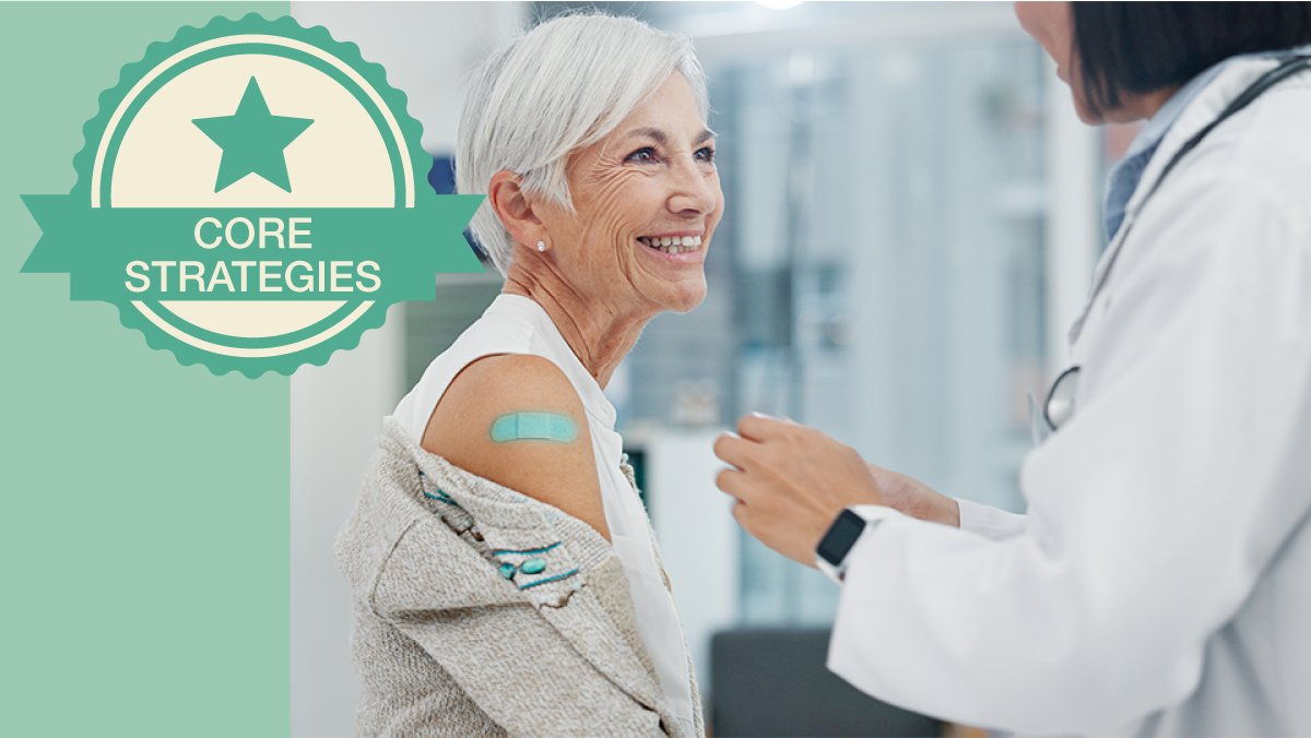new Core Strategy 6 image Older adult with a band aid on her arm after receiving vaccine from a healthcare provider.