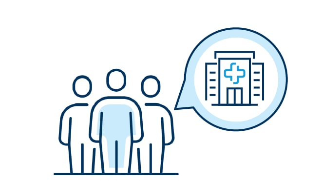 Icon of three stick people with a thought bubble beside it that shows an icon of a hospital