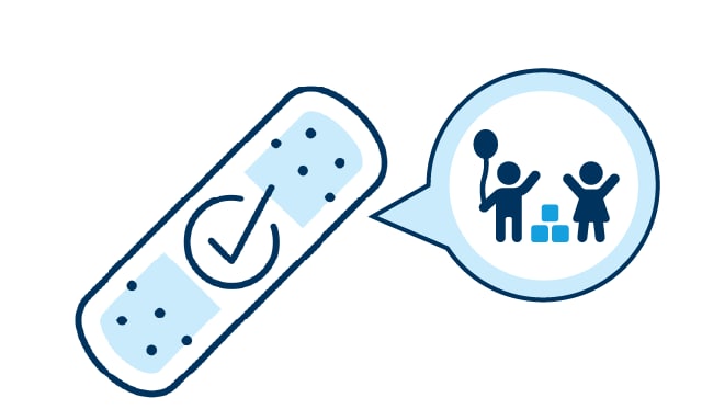 Icon of a bandage with a check mark in the middle of it and a thought bubble with two stick figures of children