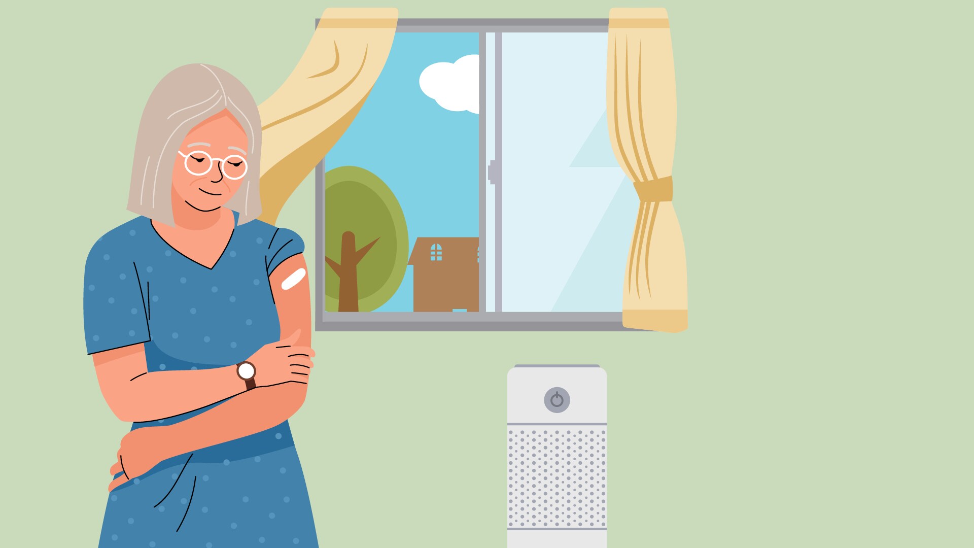 Older woman wearing glasses standing next to open window with air filtration system