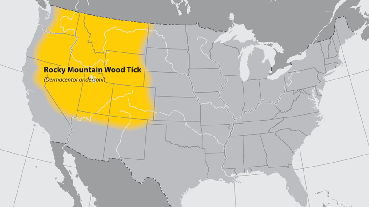 Map of the United States showing range of Rocky Mountain wood tick