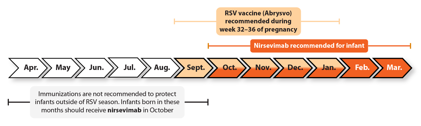 RSV vaccine, Abrysvo, recommended during weeks 32 to 36 of pregnancy from September through January. Nirsevimab recommended for babies from October through March. Babies born between April and September should receive nirsevimab in October.