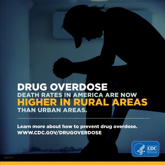 Person waiting on bench with overlay text "Drug overdose death rates in America are now higher in rural areas than urban areas. Learn more about how to prevent drug overdose at www.cy118119.com/drugoverdose."