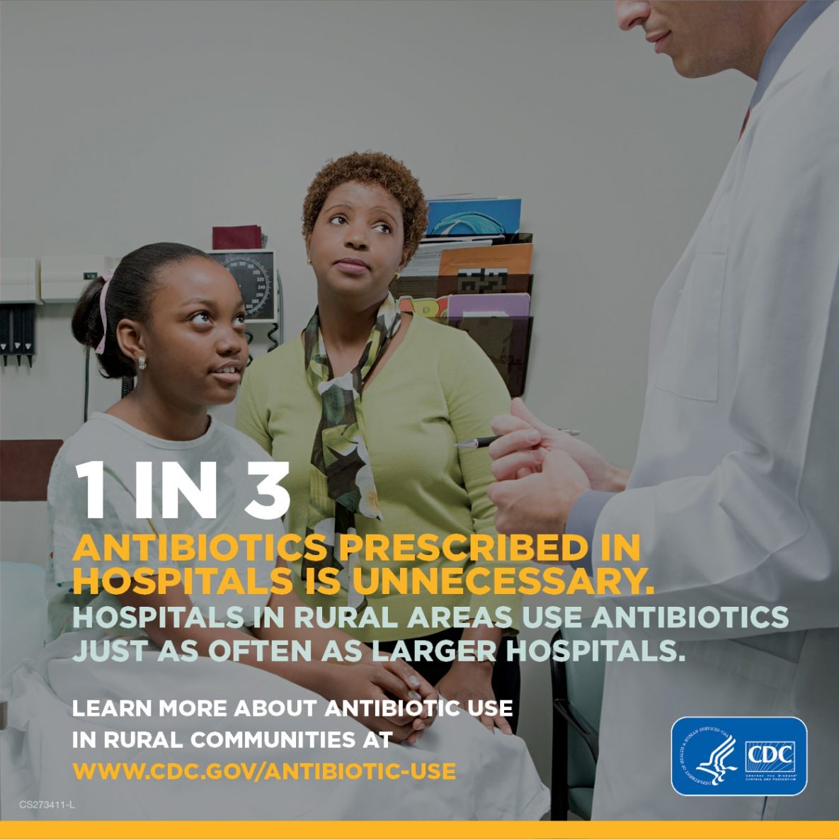 -- title missing -- Mother and child consulting with a healthcare provider. One in three antibiotics prescribed in hospitals is unnecessary. Hospitals in rural areas use antibiotics just as often as larger hospitals. Learn more about antibiotic use in rural communities at www.cy118119.com/antibiotic-use.