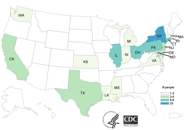 People infected with the outbreak strain of Salmonella Agbeni, by state of residence, as of March 9, 2018