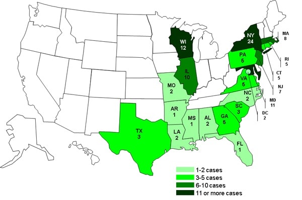 Case Count April 10, 2012: Persons infected with the outbreak strains of Salmonella Bareilly and Salmonella Nchanga, by State 7-6-2012