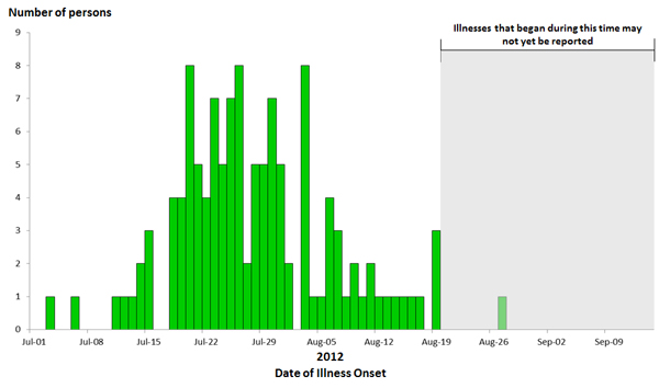 Epi Curve September 13, 2012: Persons infected with the outbreak strain of Salmonella Braenderup, by date of illness onset 