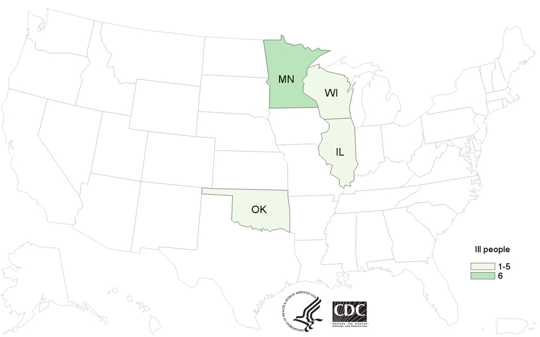 People infected with the outbreak strain of Salmonella Enteritidis, by state of residence, as of July 29, 2015 (n=9)