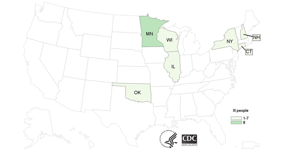 People infected with the outbreak strain of Salmonella Enteritidis, by state of residence, as of October 15, 2015 (n=15)