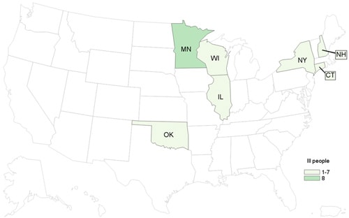 People infected with the outbreak strain of Salmonella Enteritidis, by state of residence, as of October 15, 2015 (n=15)