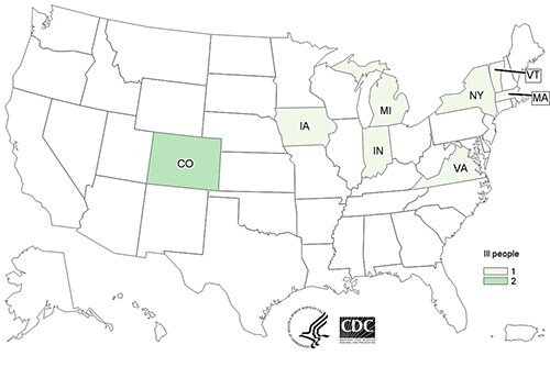 People infected with the outbreak strain of Salmonella Enteritidis, by state of residence, as of March 1, 2018