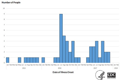 People infected with the outbreak strain of Salmonella Heidelberg, by date of illness onset