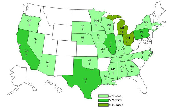 A map of the United States displaying Salmonella Heidelberg infections by state