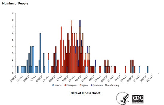 People infected with the outbreak strains of Salmonella Kiambu or Salmonella Thompson, by date of illness onset*