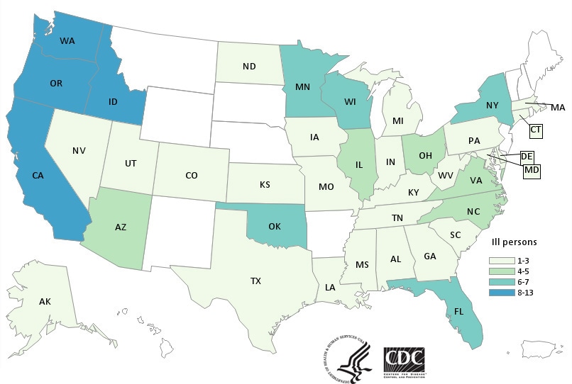 People infected with the outbreak strains of Salmonella, by state of residence, as of April 5, 2018