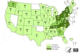 map of: Persons infected with the outbreak strains of Salmonella Infantis, Newport, or Hadar, by state