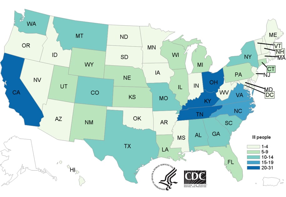 People infected with the outbreak strains of Salmonella, by state of residence, as of May 25, 2017 (n=372) 