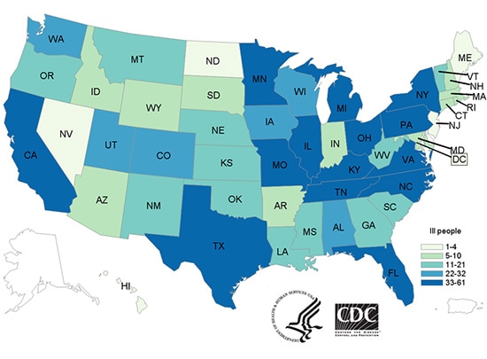 People infected with the outbreak strains of Salmonella, by state of residence, as of October 5, 2017 (n=1120) 